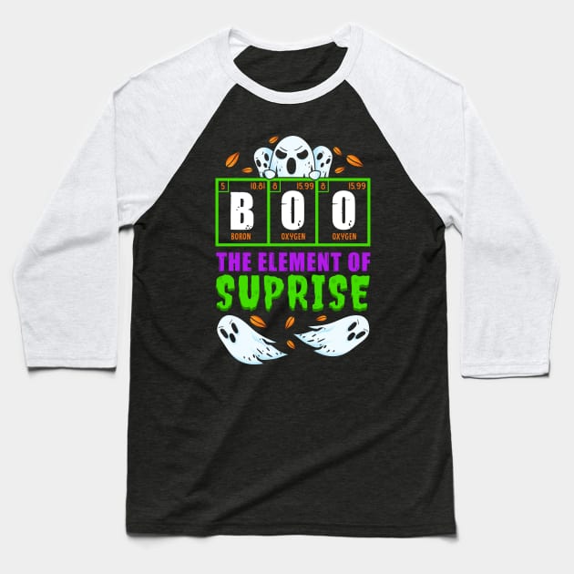 Boo, The Element of Surprise! Funny Chemist Halloween Gift Baseball T-Shirt by Jamrock Designs